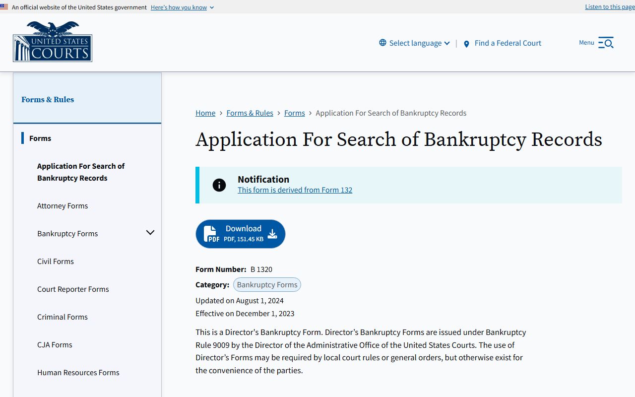 Form B1320 application for search of Georgia bankruptcy records