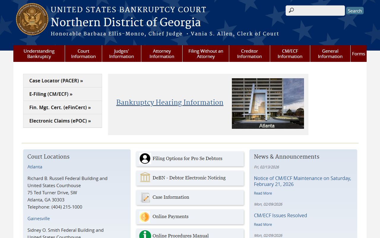 Northern District of Georgia Bankruptcy Court homepage for bankruptcy records