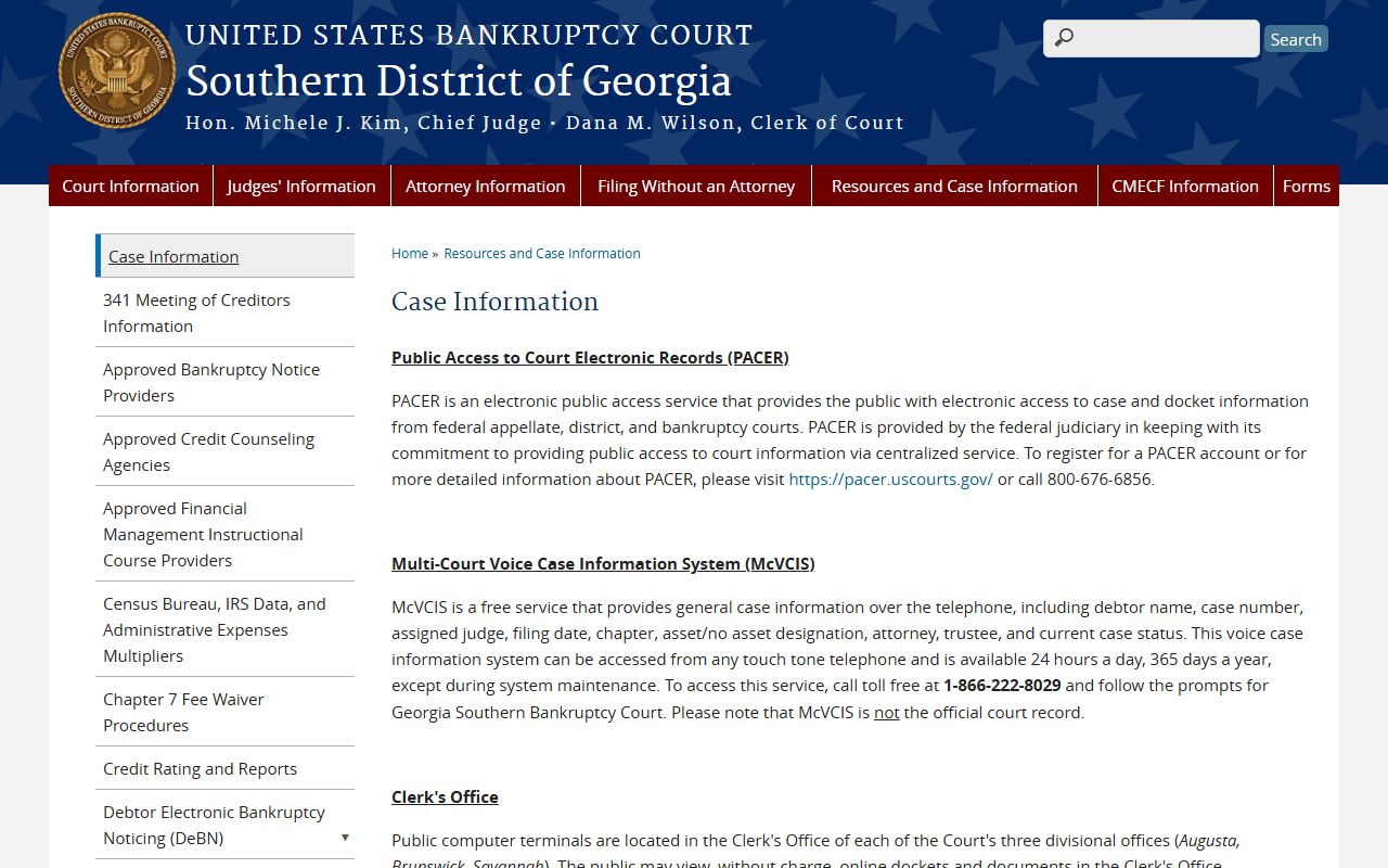 Southern District of Georgia bankruptcy case information page